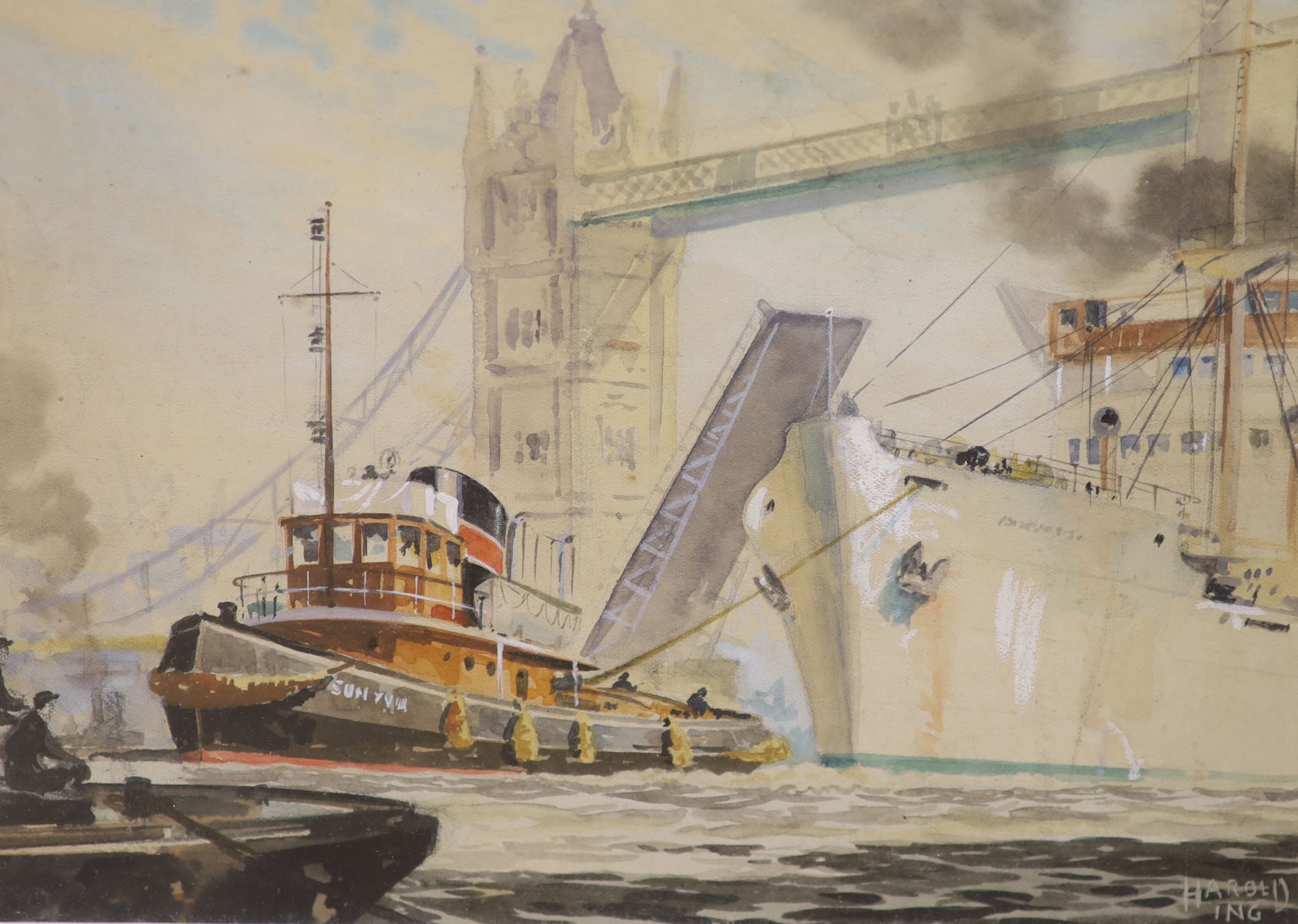 Harold Ing (1900-1973), gouache, Tug beneath Tower Bridge, signed, 17 x 22cm